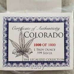Cannabis marijuana pot 1 oz. 999 silver proof coin legalized Colorado #1000/1000