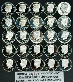Complete Kennedy SILVER Half Dollars Set of 25 Coins 90% SILVER PROOF 1992-2016