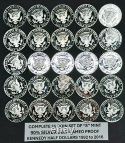 Complete Kennedy SILVER Half Dollars Set of 25 Coins 90% SILVER PROOF 1992-2016