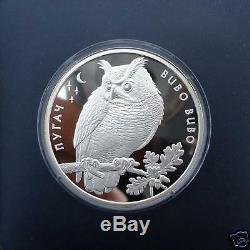 EAGLE OWL BUBO BUBO 2002 Ukraine 10 Hryvnia 1 Oz Silver Proof Coin Bird Fauna