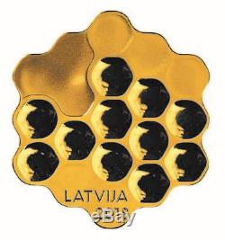 LATVIA 2018 silver coin gold plated 5 euro Honey bee cells Honey proof box