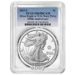 Presale 2025-S Proof $1 American Silver Eagle Navy Privy PCGS PR69DCAM Blue