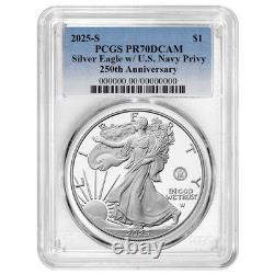 Presale 2025-S Proof $1 American Silver Eagle Navy Privy PCGS PR70DCAM Blue