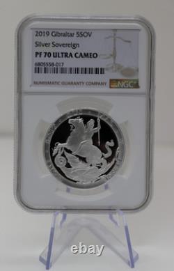 UK 5 Sovereign SOV Silver Proof Coin NGC PF70 Ultra Cameo. 999 Silver 2019